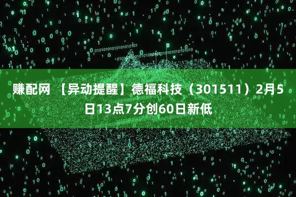 赚配网 【异动提醒】德福科技（301511）2月5日13点7分创60日新低